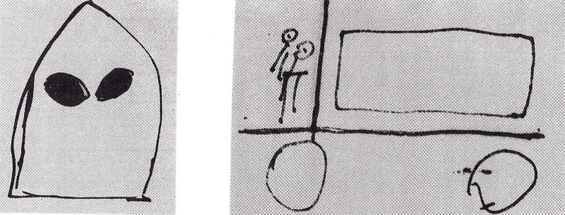 目撃者が描いた宇宙人と走行車のスケッチ
