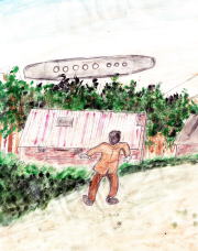 巨大葉巻型UFOを見た青年（イラスト）