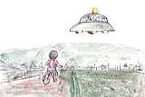 UFOの窓から乗員を見た少女（イラスト）
